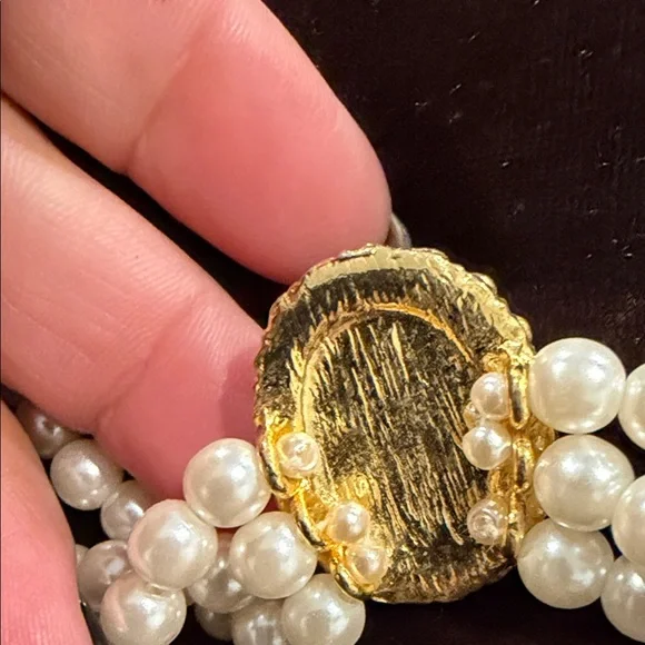 Three-Strand Faux White Pearl Necklace with Gold Rhinestone Oval Clasp - Picture 5 of 8